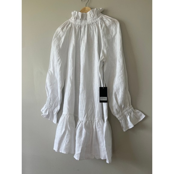 NWT Ephemera Ruffle High Neck Linen Garland Smock Dress in White - Picture 3 of 11